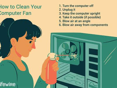 An illustration of a woman cleaning a computer fan with canned air.