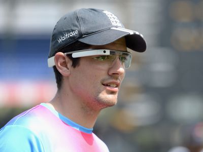 England captain Alastair Cook wears pair of Google Glass glasses during a charity event at R. Premadasa Stadium.