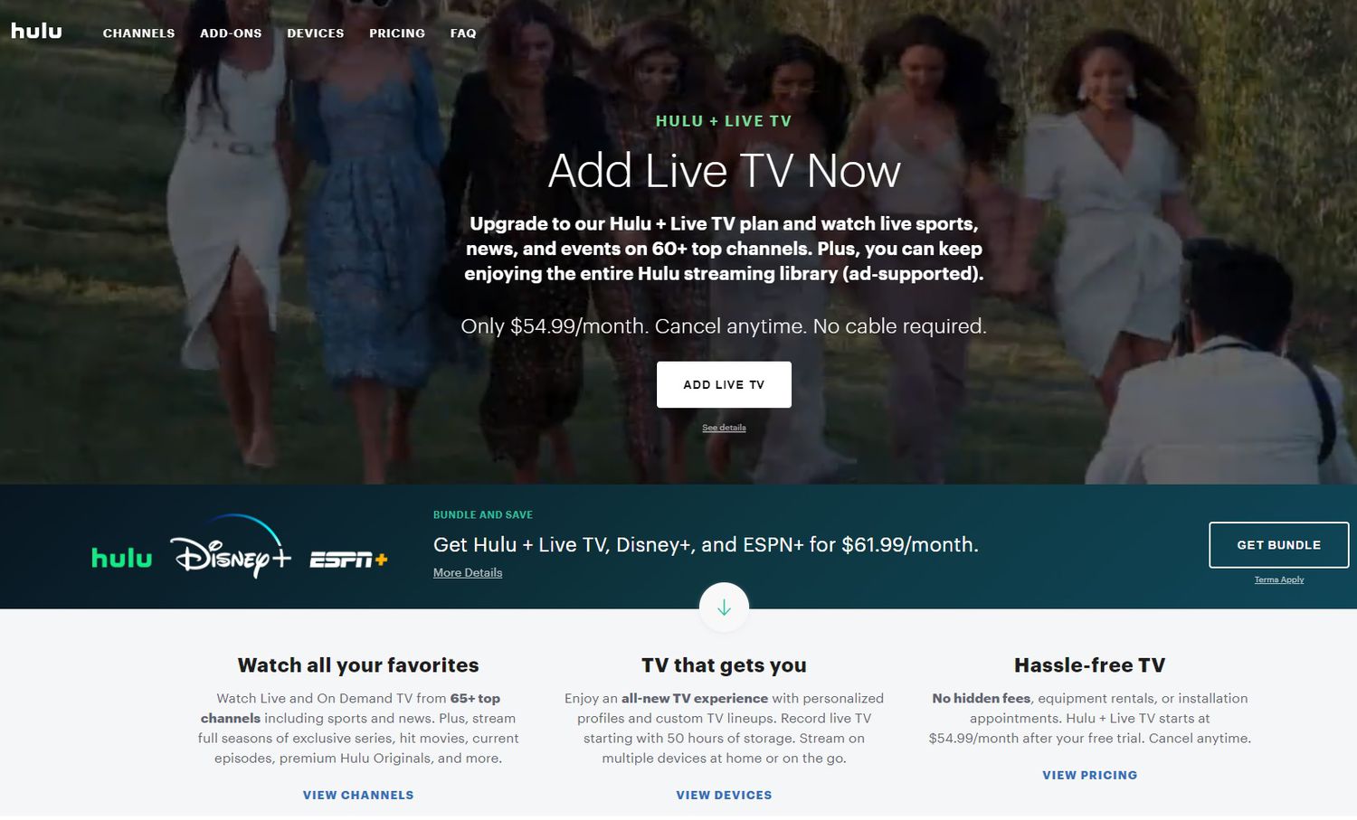 Hulu's Live TV service homepage