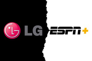 The LG logo on a black background next to the ESPN+ logo on a white background with a torn-paper effect between them