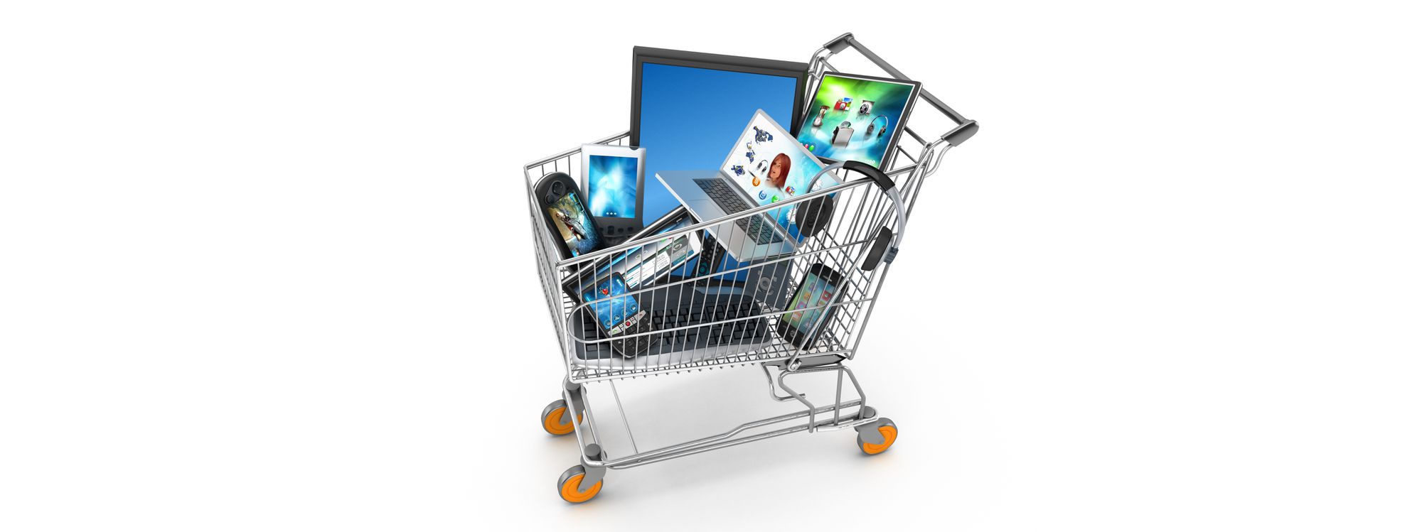 Shopping cart filled with a variety of technology products.