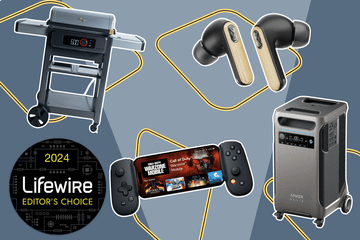 Collage of items for Father's Day Gift Guide, including BBQ grill, earbuds, gaming controller, and battery generator